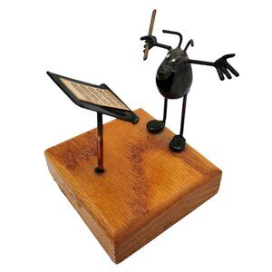 Metal Flea Music Conductor on Wood Block Vintage 1980s Insect Sculpture 3 Inch